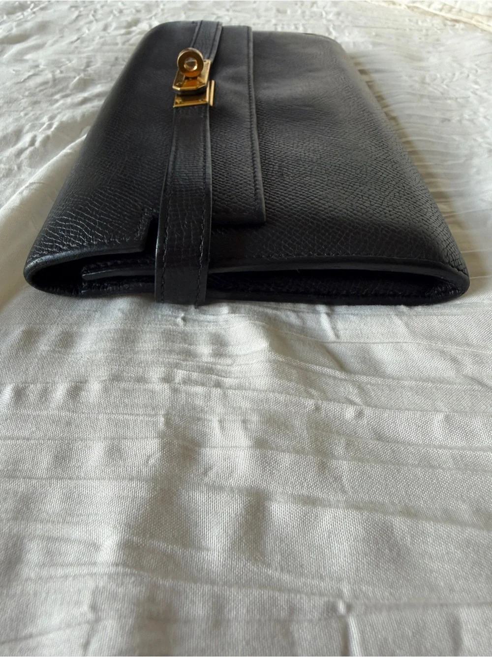 Hermes Black Leather Kelly Cut Clutch with Gold Hardware